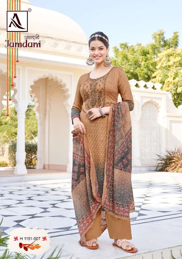 Alok Suits Jamdani Pure Zam Digital Print With Fancy Embroidery With Swarovski Diamond Work On Wholesale