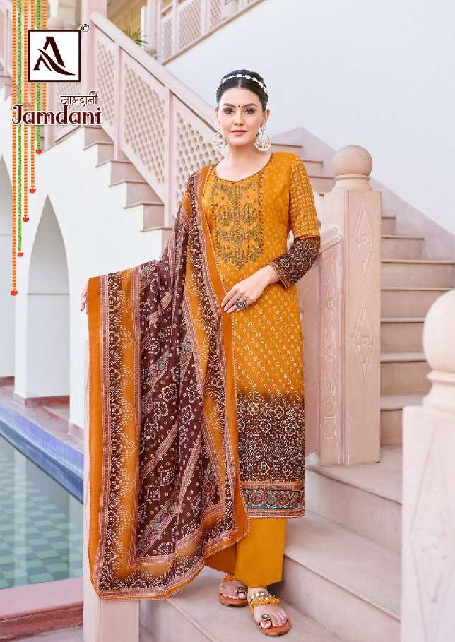 Alok Suits Jamdani Pure Zam Digital Print With Fancy Embroidery With Swarovski Diamond Work On Wholesale
