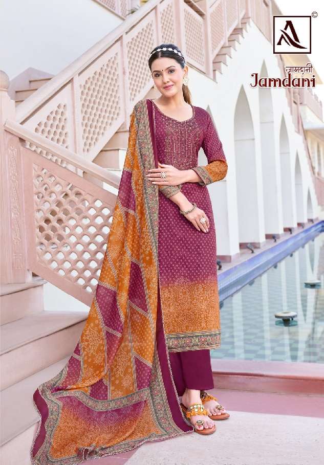 Alok Suits Jamdani Pure Zam Digital Print With Fancy Embroidery With Swarovski Diamond Work On Wholesale