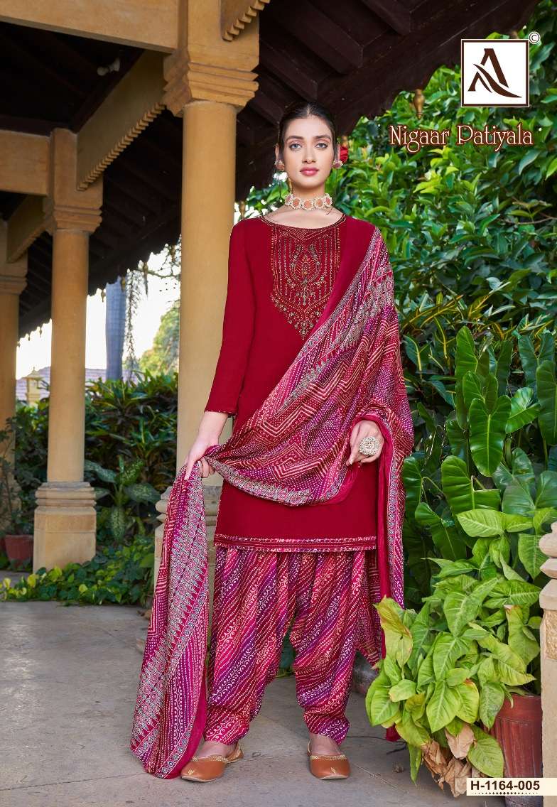 Alok Suits Nigaar Patiyala Pure Viscose Reyon Slub With Thread Embroidery Top Bottom With Dupatta On Wholesale