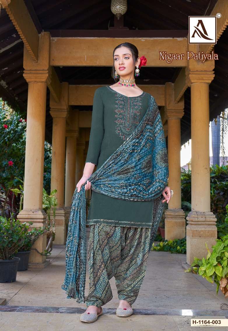 Alok Suits Nigaar Patiyala Pure Viscose Reyon Slub With Thread Embroidery Top Bottom With Dupatta On Wholesale