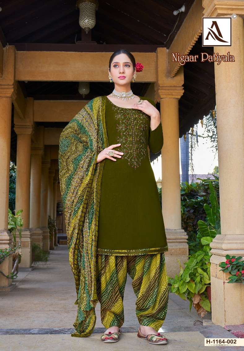 Alok Suits Nigaar Patiyala Pure Viscose Reyon Slub With Thread Embroidery Top Bottom With Dupatta On Wholesale