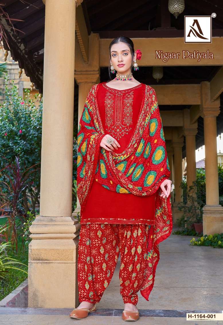 Alok Suits Nigaar Patiyala Pure Viscose Reyon Slub With Thread Embroidery Top Bottom With Dupatta On Wholesale