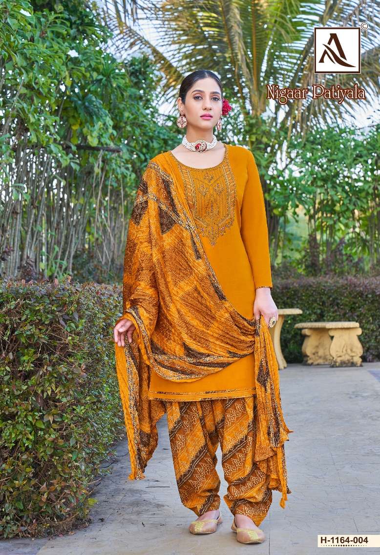 Alok Suits Nigaar Patiyala Pure Viscose Reyon Slub With Thread Embroidery Top Bottom With Dupatta On Wholesale