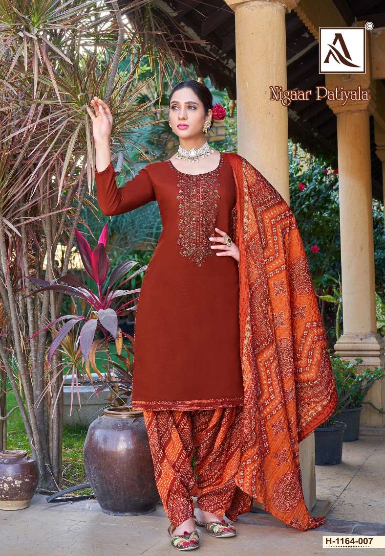 Alok Suits Nigaar Patiyala Pure Viscose Reyon Slub With Thread Embroidery Top Bottom With Dupatta On Wholesale