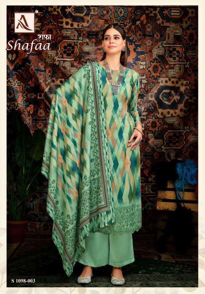 Alok Suits Shafaa Pure Zam Digital Cotton With Daman Embroidery Boaring Work On Wholesale