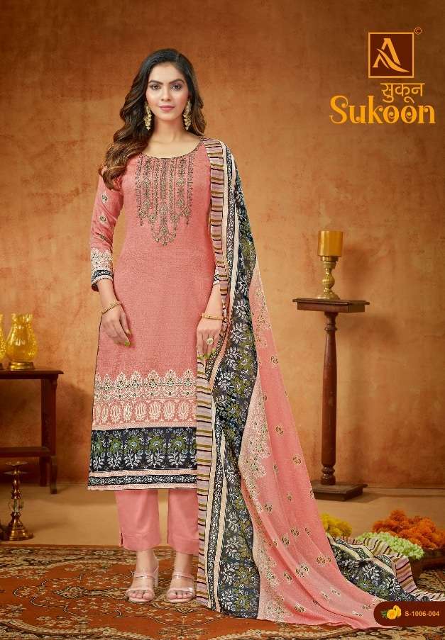 Alok Suits Sukoon Pure Zam Print with Fancy Embroidery & Swarovski Diamond Work On Wholesale