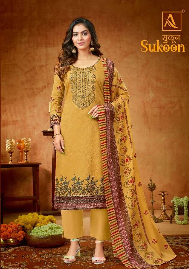 Alok Suits Sukoon Pure Zam Print with Fancy Embroidery & Swarovski Diamond Work On Wholesale