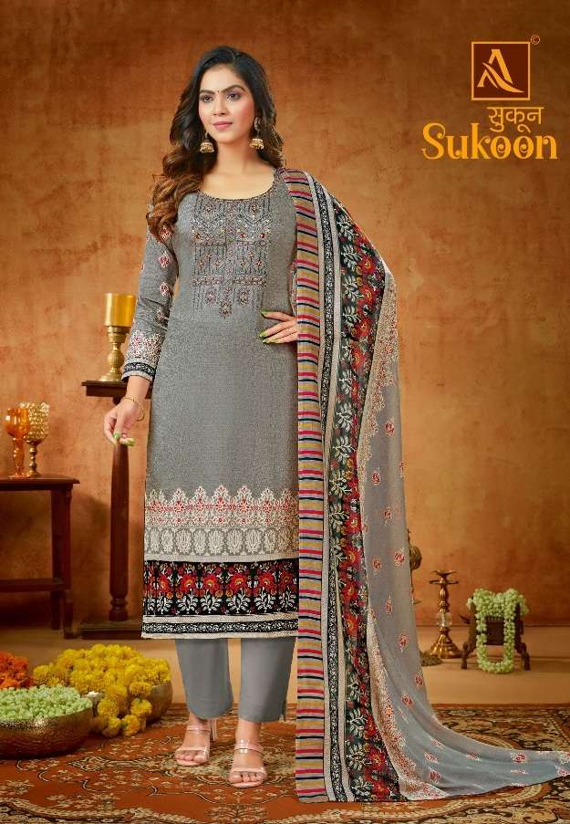 Alok Suits Sukoon Pure Zam Print with Fancy Embroidery & Swarovski Diamond Work On Wholesale