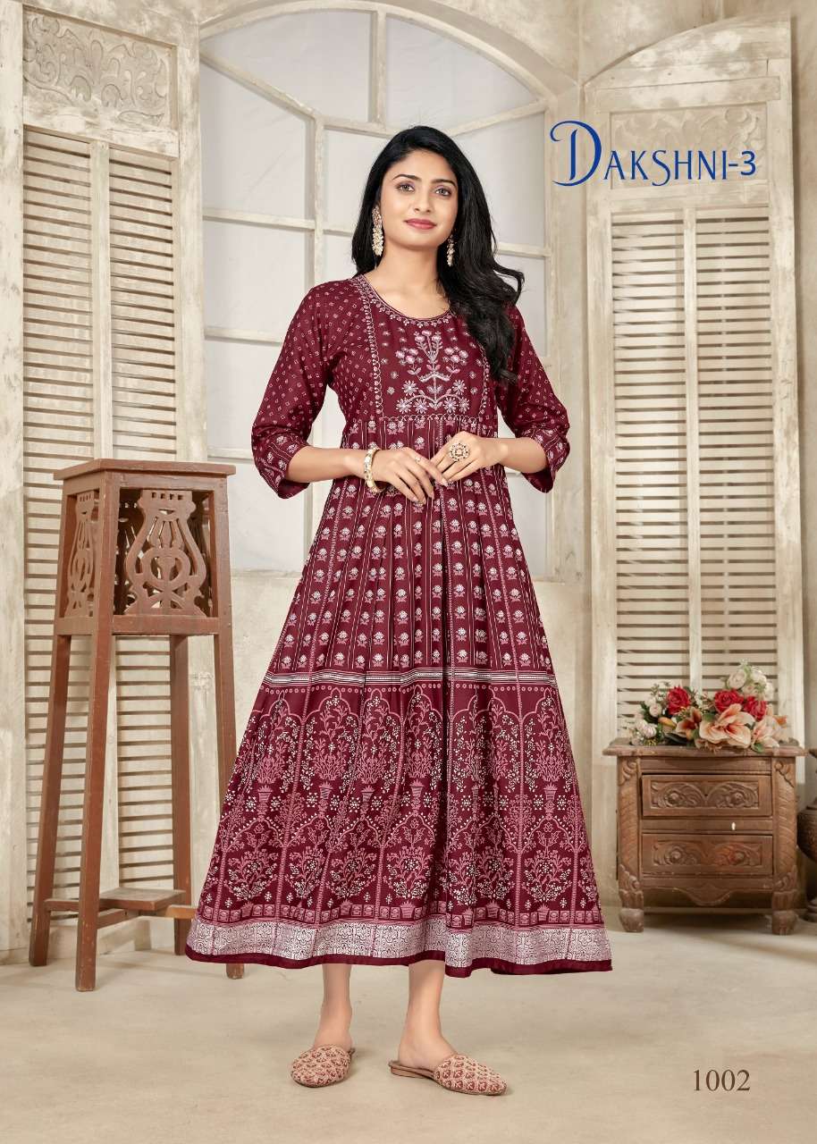 Banwery Fashion Present Dakshni Vol 3 Embroidery work with Foil Print Flair Gown On Wholesale