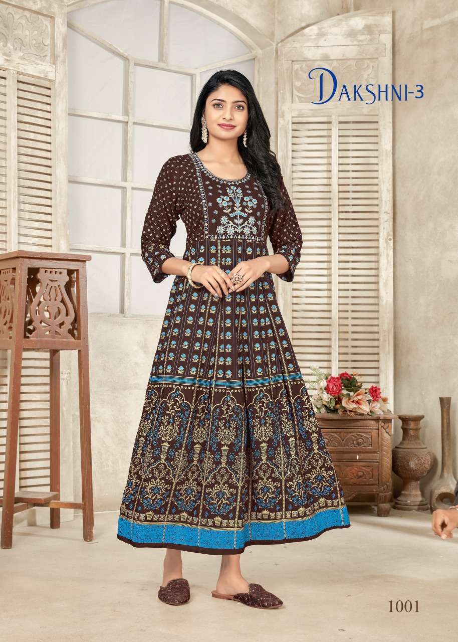 Banwery Fashion Present Dakshni Vol 3 Embroidery work with Foil Print Flair Gown On Wholesale