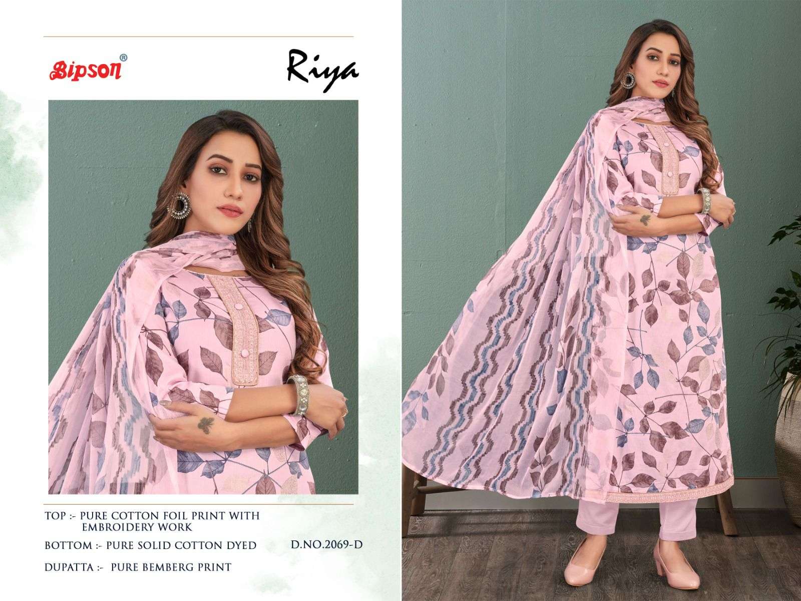 Bipson Riya 2069 Pure Cotton Foil Print With Embroidery Work Designer Dress Material On Wholesale