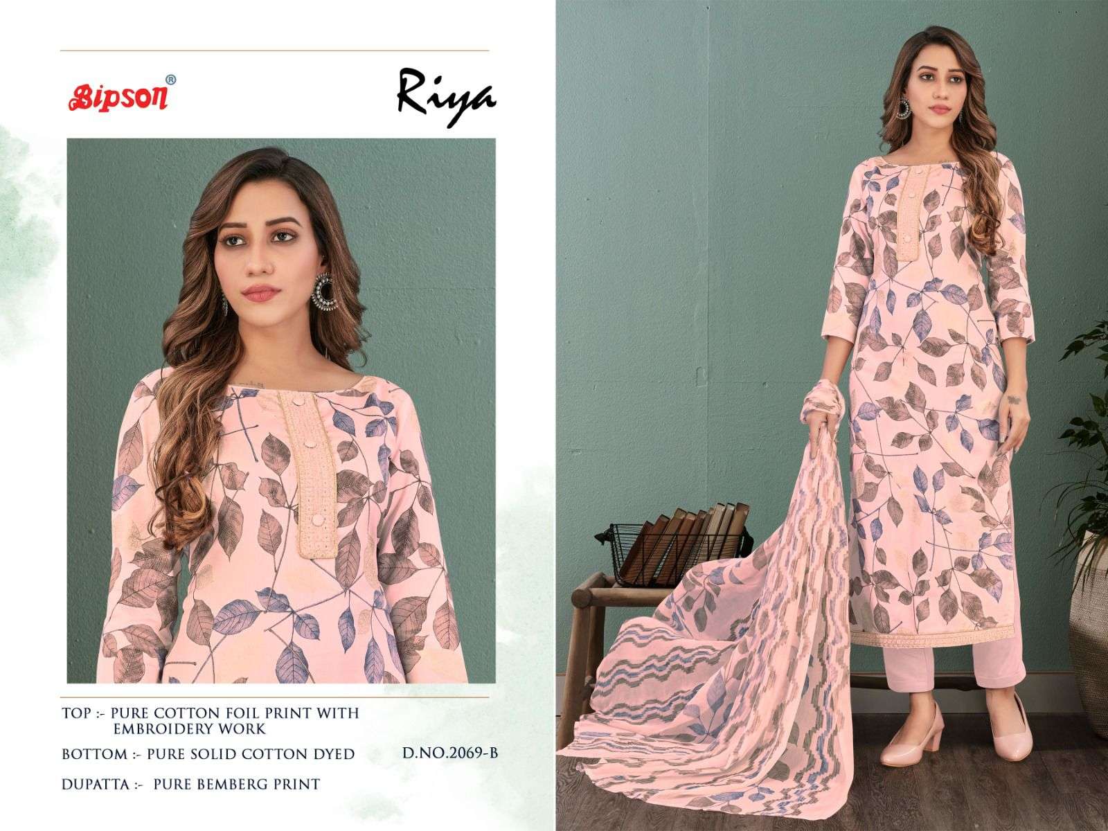 Bipson Riya 2069 Pure Cotton Foil Print With Embroidery Work Designer Dress Material On Wholesale