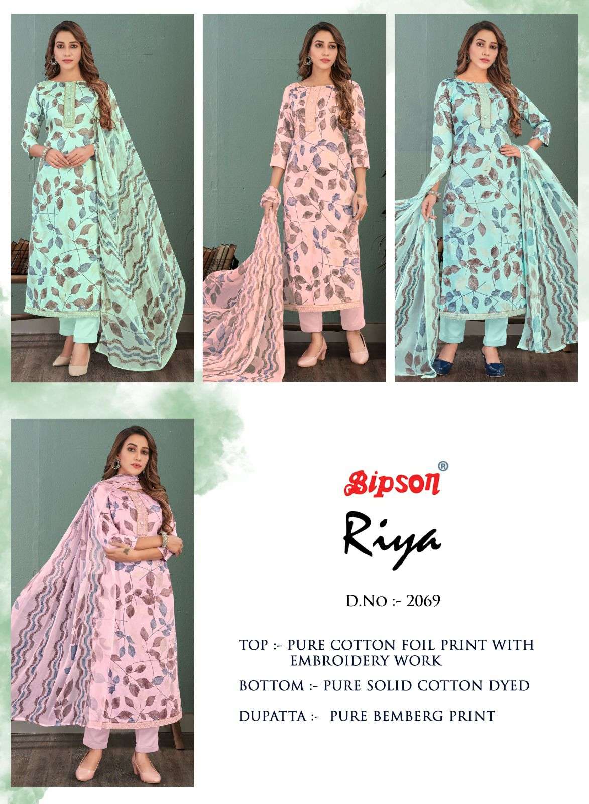 Bipson Riya 2069 Pure Cotton Foil Print With Embroidery Work Designer Dress Material On Wholesale