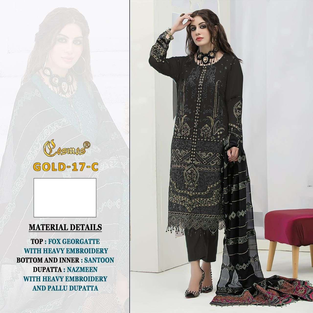 Cosmos Gold 17 Faux Georgette With Heavy Embroidery Work Pakistani Suits On Wholesale 