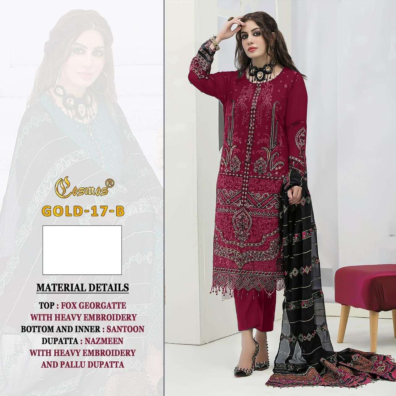 Cosmos Gold 17 Faux Georgette With Heavy Embroidery Work Pakistani Suits On Wholesale 