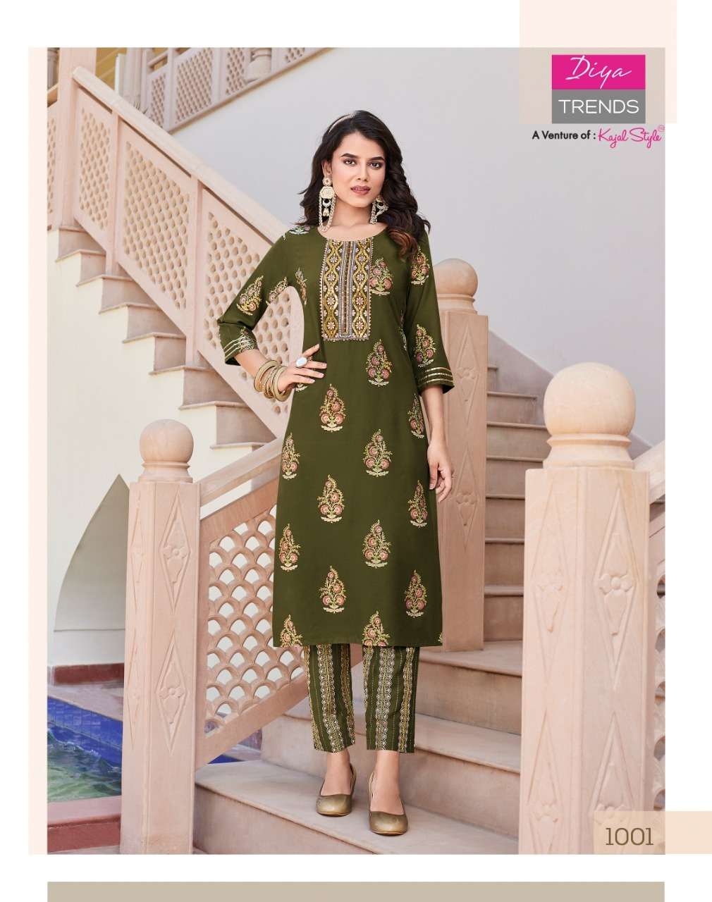Diya Trends Zoori Vol 1 Kajal Style Reyon With Classy Gold Print Kurti With Pant On Wholesale