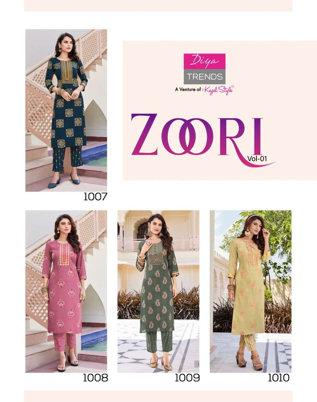 Diya Trends Zoori Vol 1 Kajal Style Reyon With Classy Gold Print Kurti With Pant On Wholesale