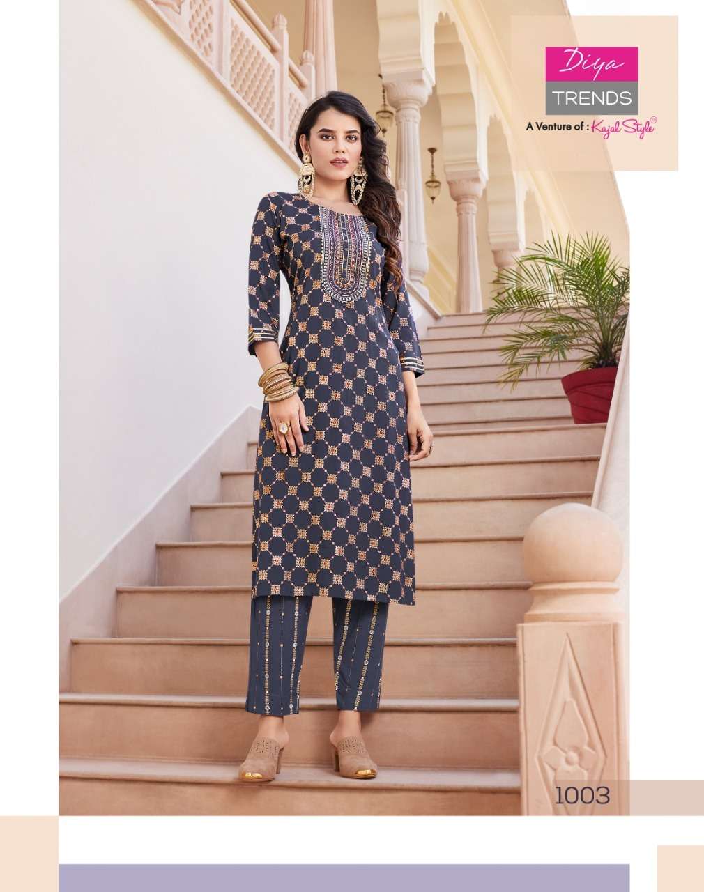 Diya Trends Zoori Vol 1 Kajal Style Reyon With Classy Gold Print Kurti With Pant On Wholesale