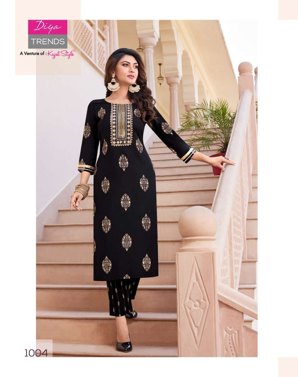 Diya Trends Zoori Vol 1 Kajal Style Reyon With Classy Gold Print Kurti With Pant On Wholesale