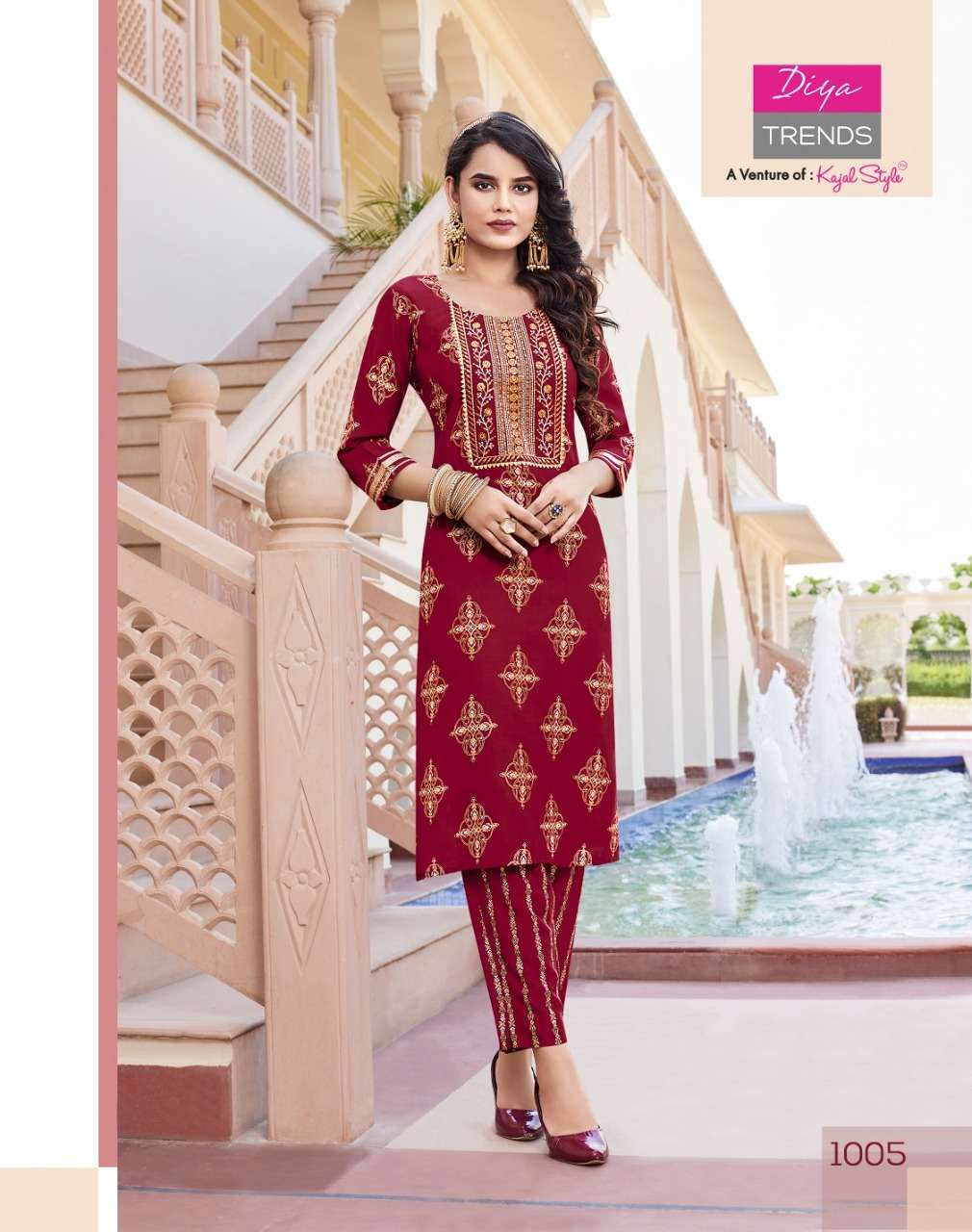 Diya Trends Zoori Vol 1 Kajal Style Reyon With Classy Gold Print Kurti With Pant On Wholesale