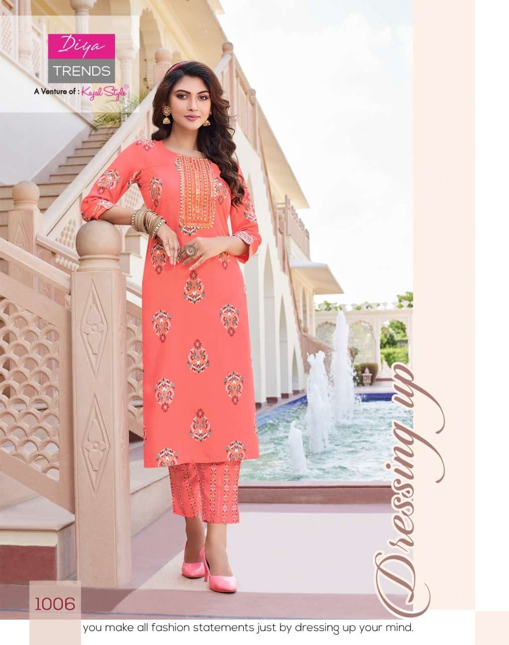 Diya Trends Zoori Vol 1 Kajal Style Reyon With Classy Gold Print Kurti With Pant On Wholesale
