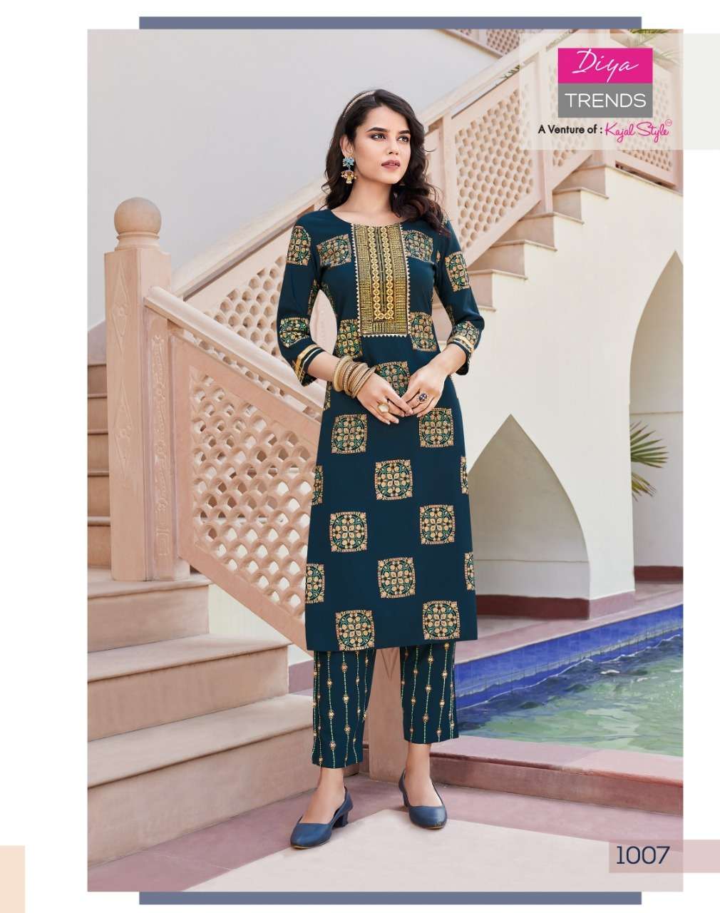 Diya Trends Zoori Vol 1 Kajal Style Reyon With Classy Gold Print Kurti With Pant On Wholesale
