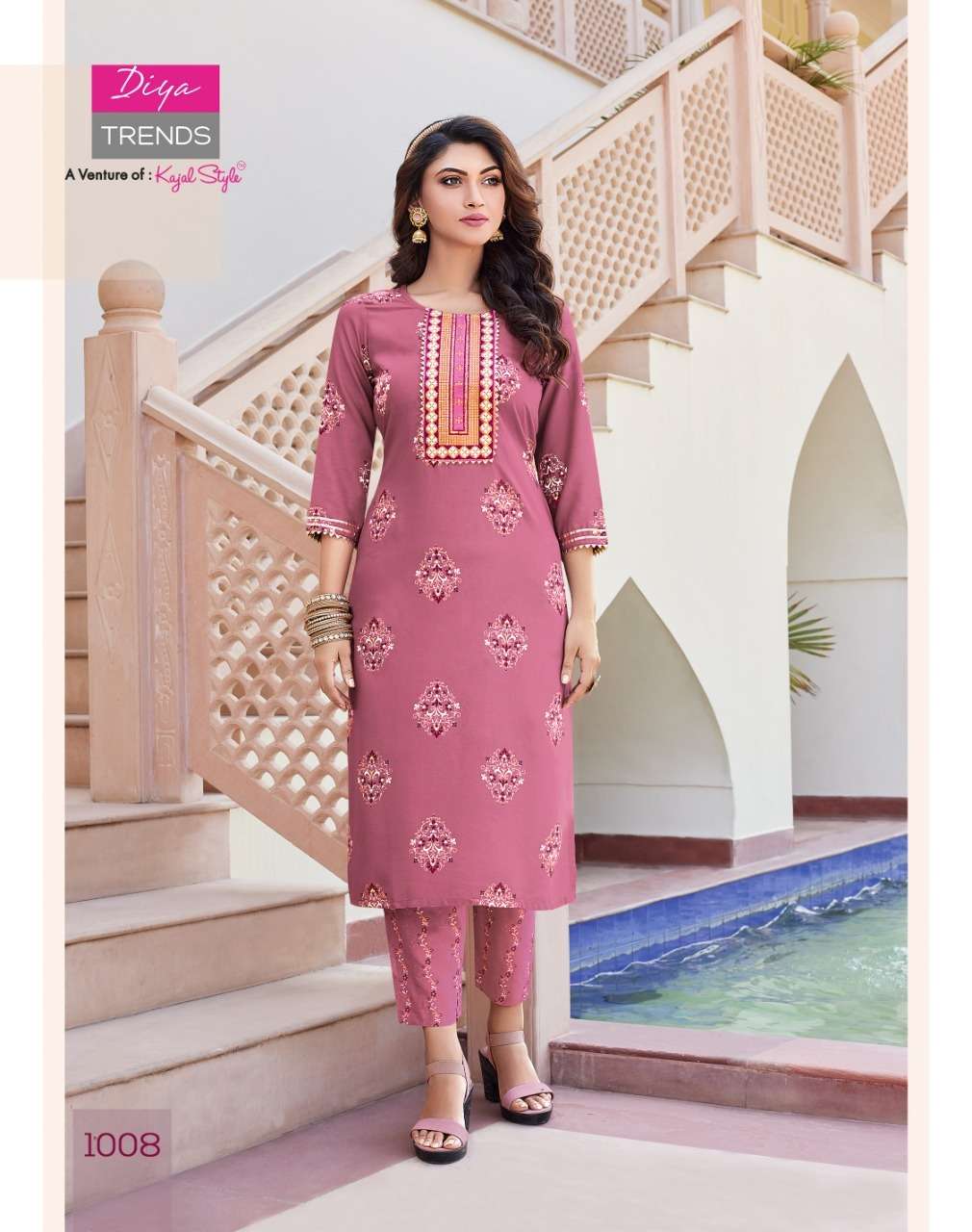 Diya Trends Zoori Vol 1 Kajal Style Reyon With Classy Gold Print Kurti With Pant On Wholesale