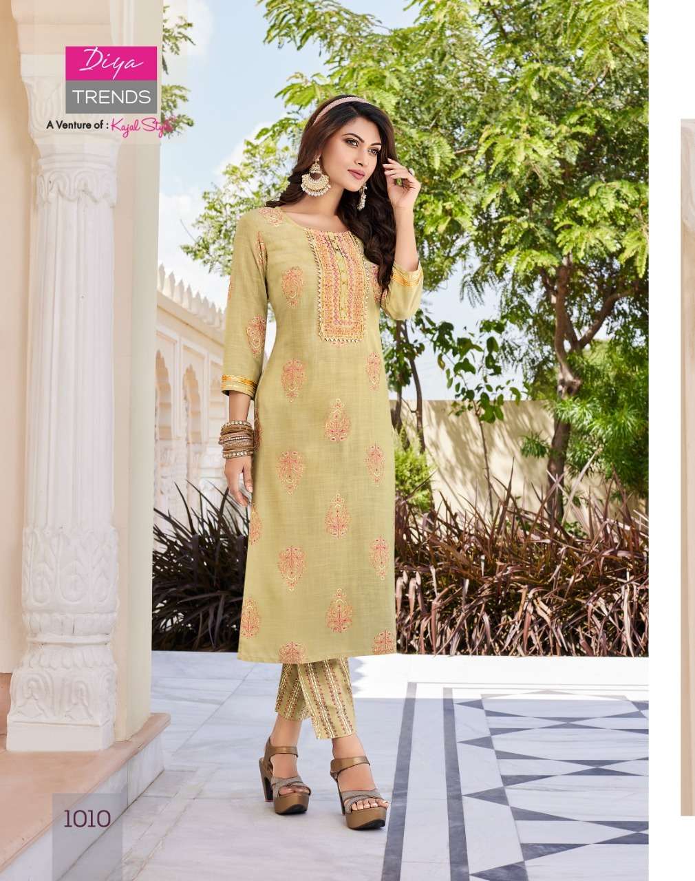 Diya Trends Zoori Vol 1 Kajal Style Reyon With Classy Gold Print Kurti With Pant On Wholesale
