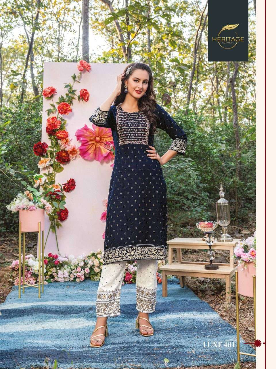 Heritage Collection Presents Luxe Vol 4 Rayon Designer Printed Kurti With Sequin Embroidery With Plazzo On Wholesale
