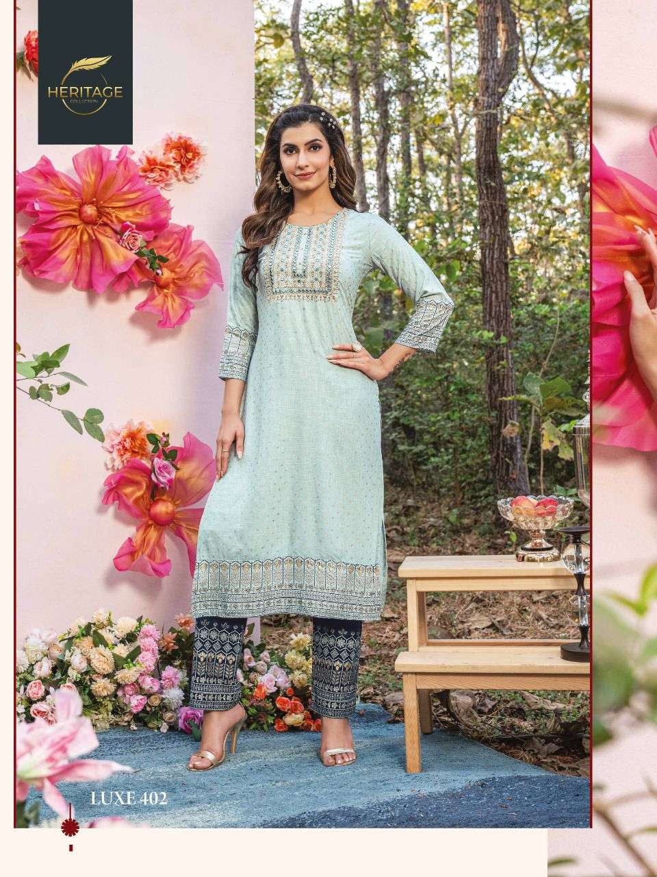 Heritage Collection Presents Luxe Vol 4 Rayon Designer Printed Kurti With Sequin Embroidery With Plazzo On Wholesale