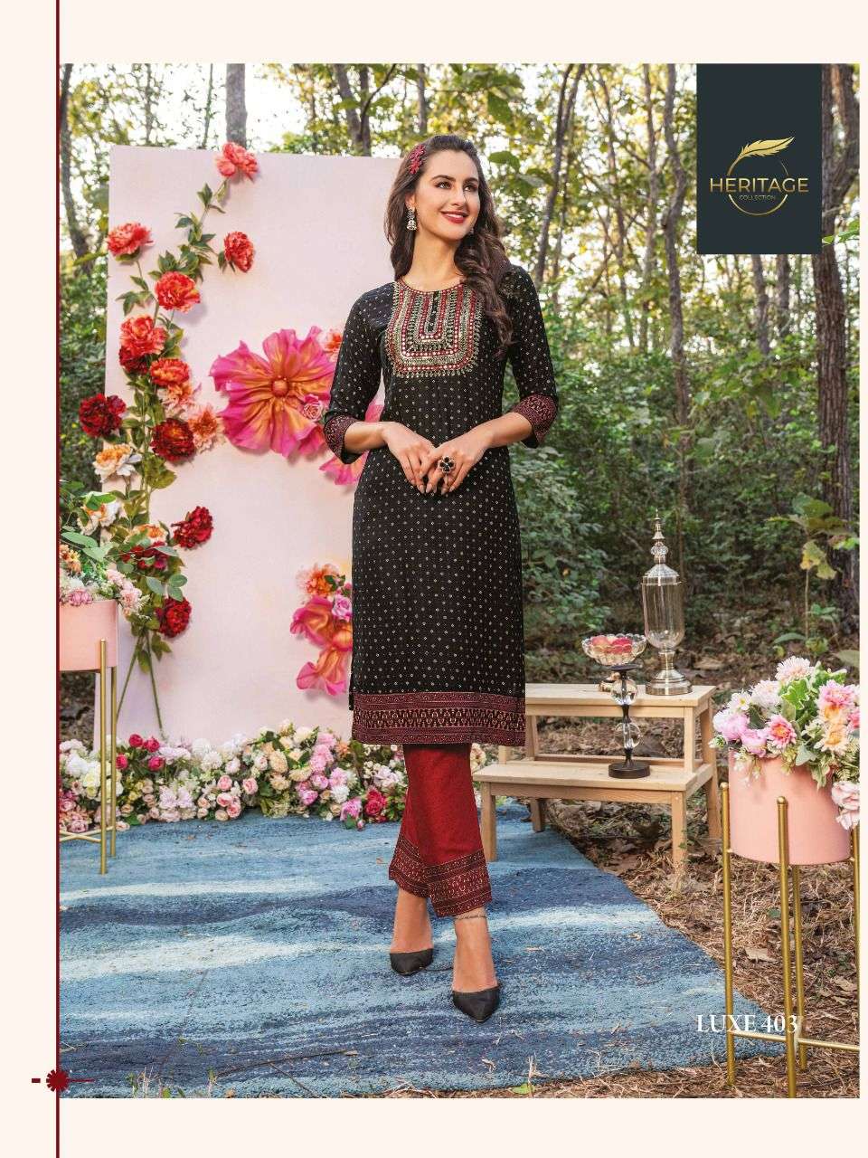 Heritage Collection Presents Luxe Vol 4 Rayon Designer Printed Kurti With Sequin Embroidery With Plazzo On Wholesale