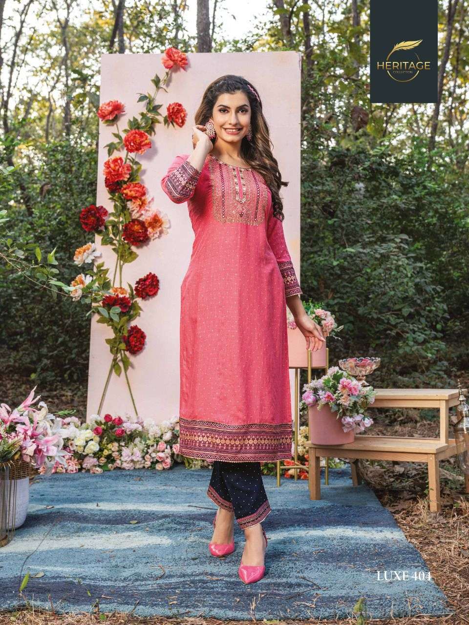 Heritage Collection Presents Luxe Vol 4 Rayon Designer Printed Kurti With Sequin Embroidery With Plazzo On Wholesale