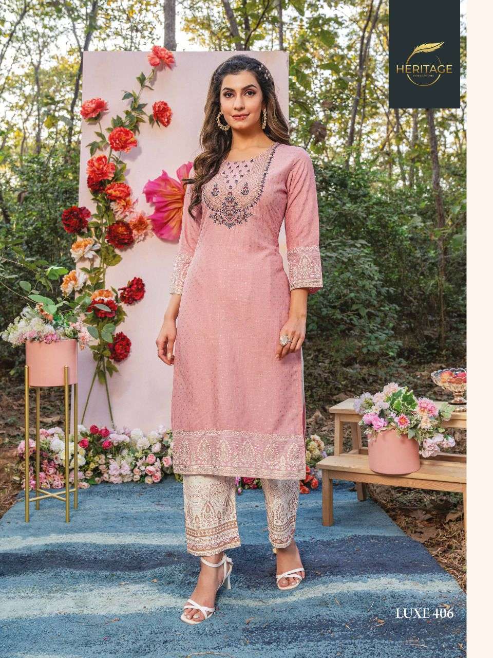 Heritage Collection Presents Luxe Vol 4 Rayon Designer Printed Kurti With Sequin Embroidery With Plazzo On Wholesale