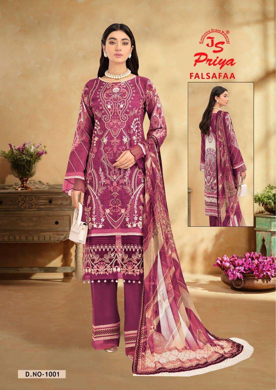 Js Priya Falsafaa Vol 1 Pure Cotton Printed Top Bottom With Dupatta On Wholesale