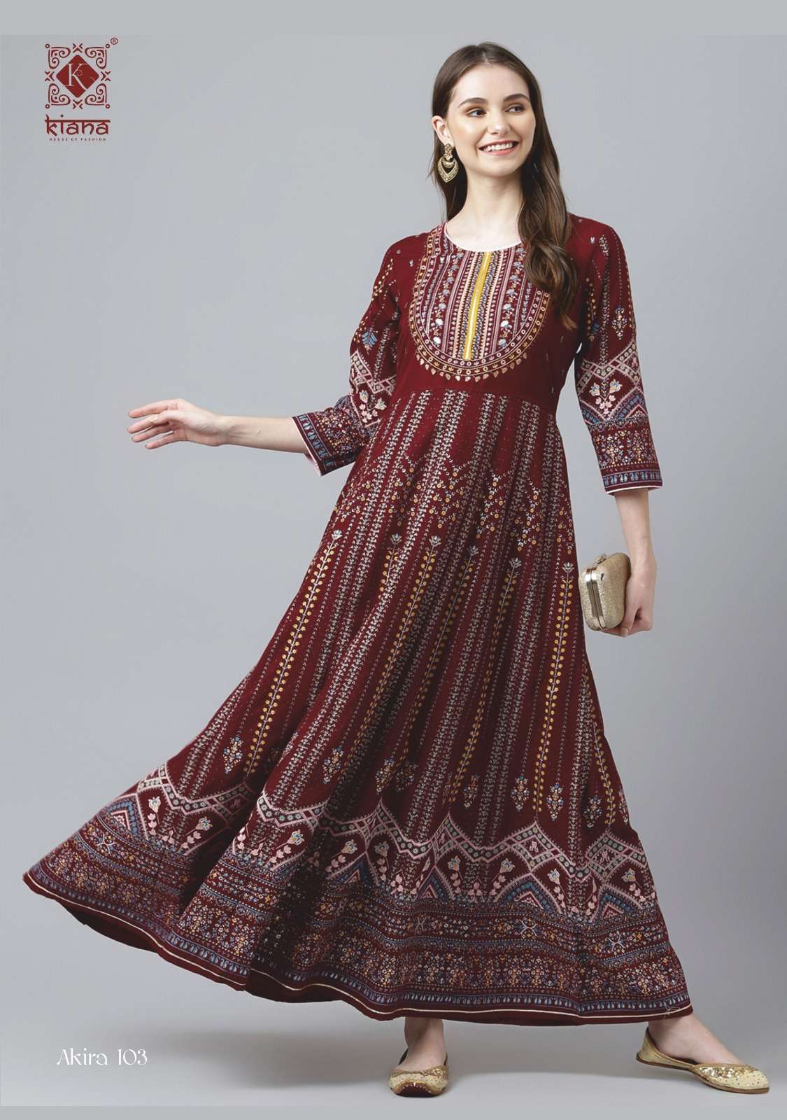 Kiana Akira Long Heavy Rayon Printed Stylish Anarkali Kurti On Wholesale