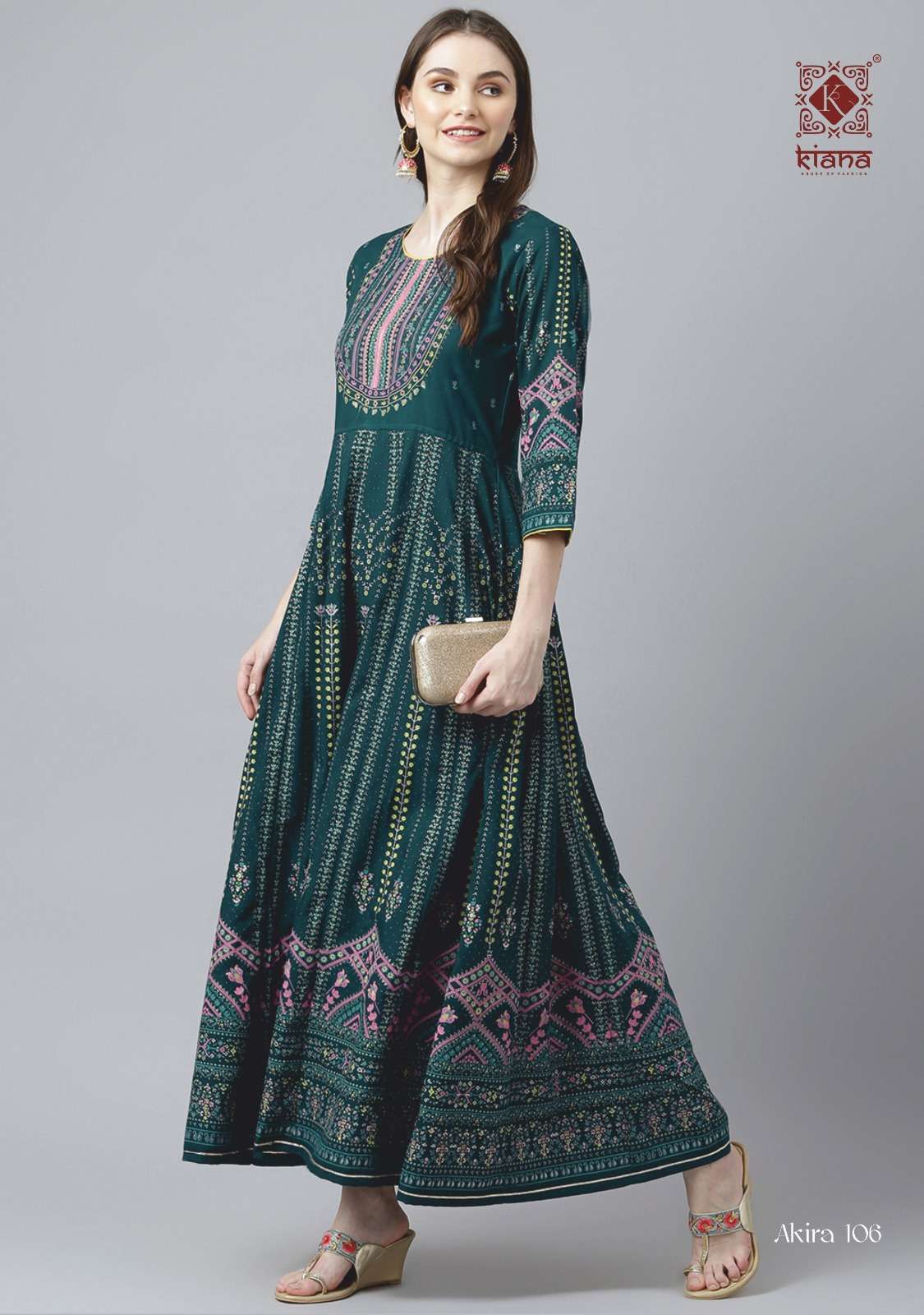 Kiana Akira Long Heavy Rayon Printed Stylish Anarkali Kurti On Wholesale