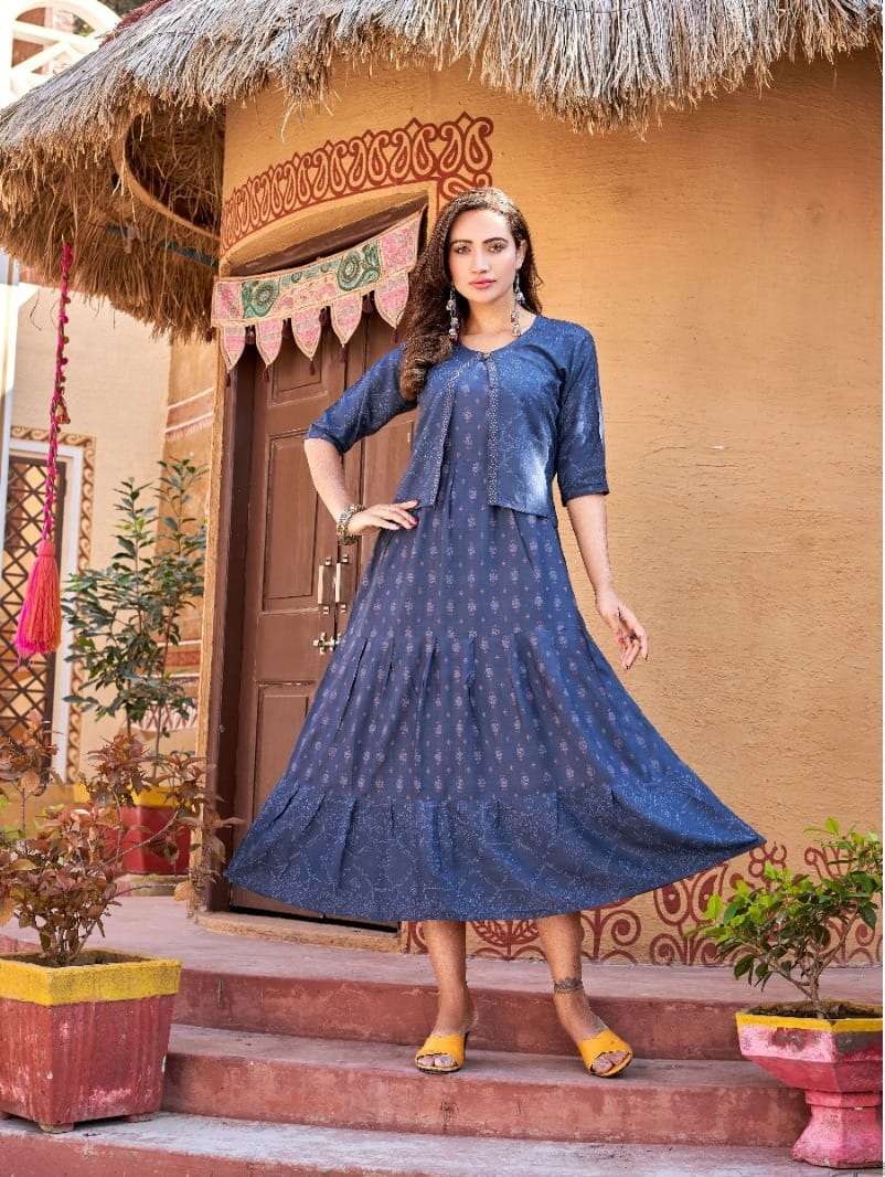 Kinti Pineapple Designer Long Kurti With Jacket On Wholesale