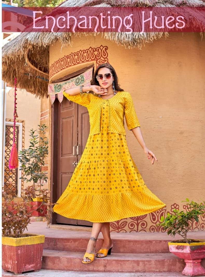 Kinti Pineapple Designer Long Kurti With Jacket On Wholesale