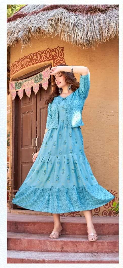 Kinti Pineapple Designer Long Kurti With Jacket On Wholesale