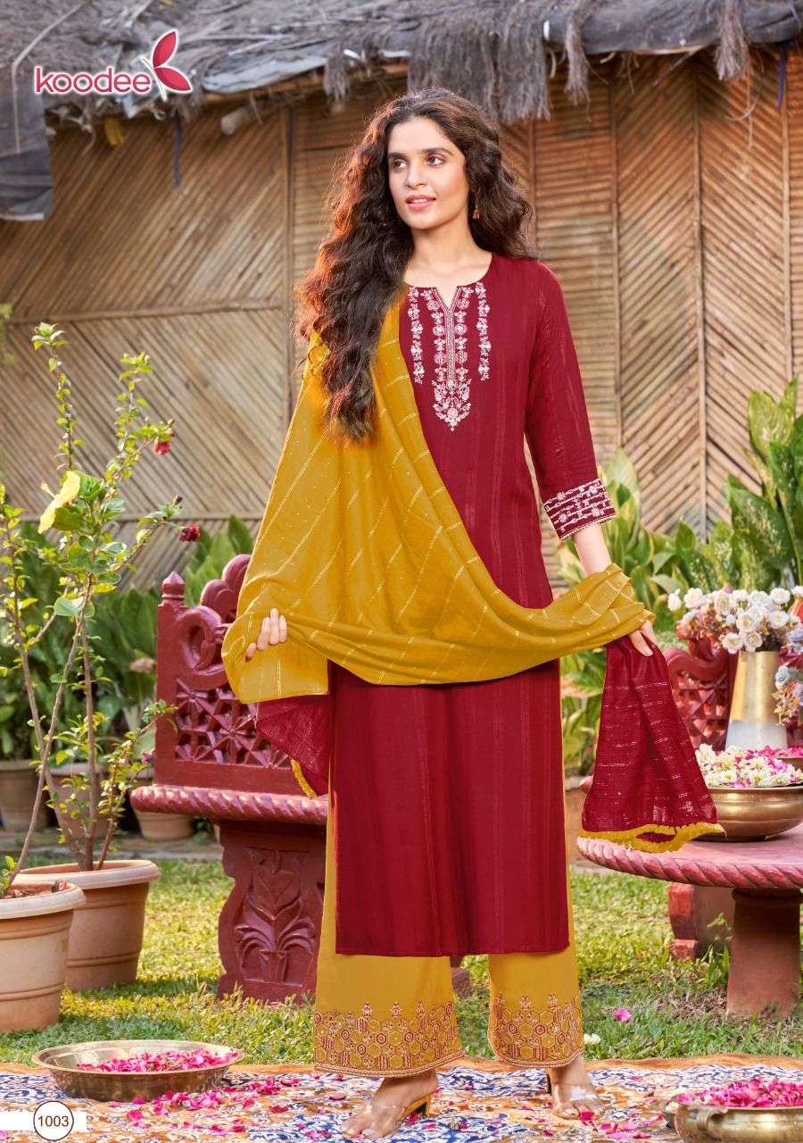 Koodee Pahechan-7 Hit Series Kurtis Plazzo Dupatta Sets On Wholesale 