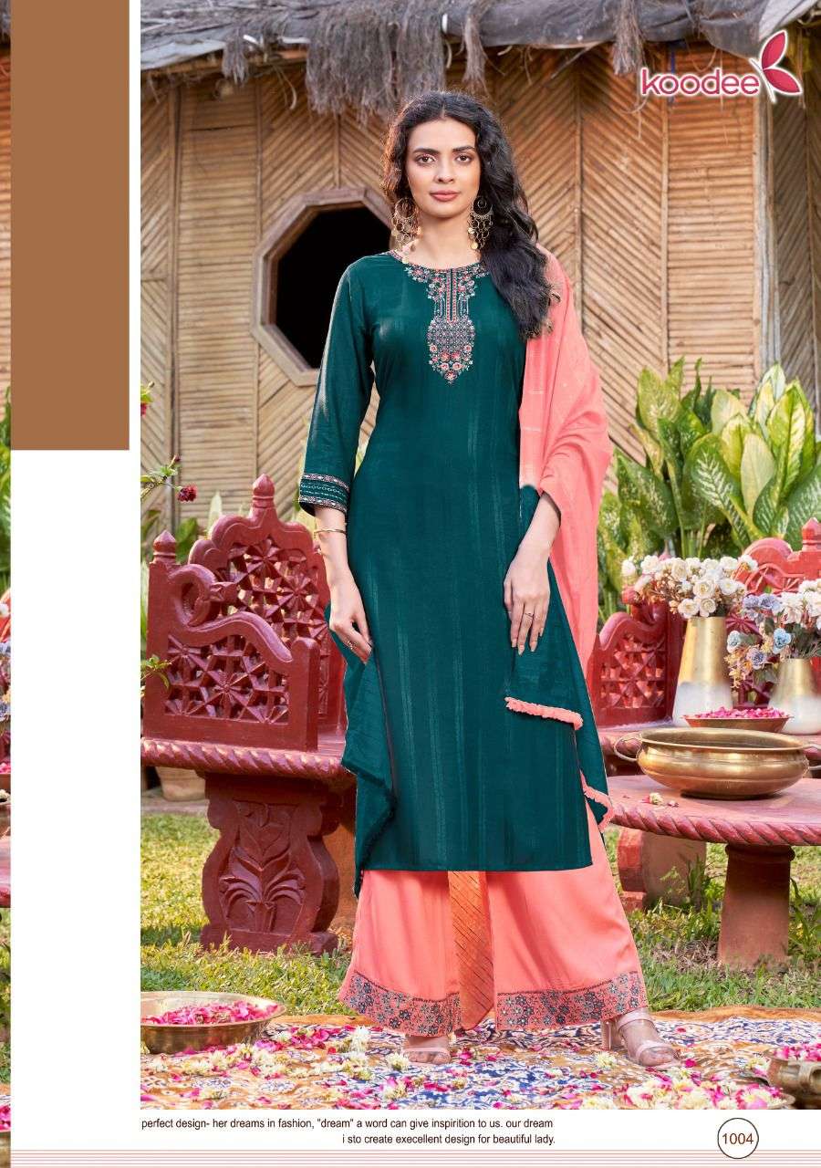 Koodee Pahechan-7 Hit Series Kurtis Plazzo Dupatta Sets On Wholesale 