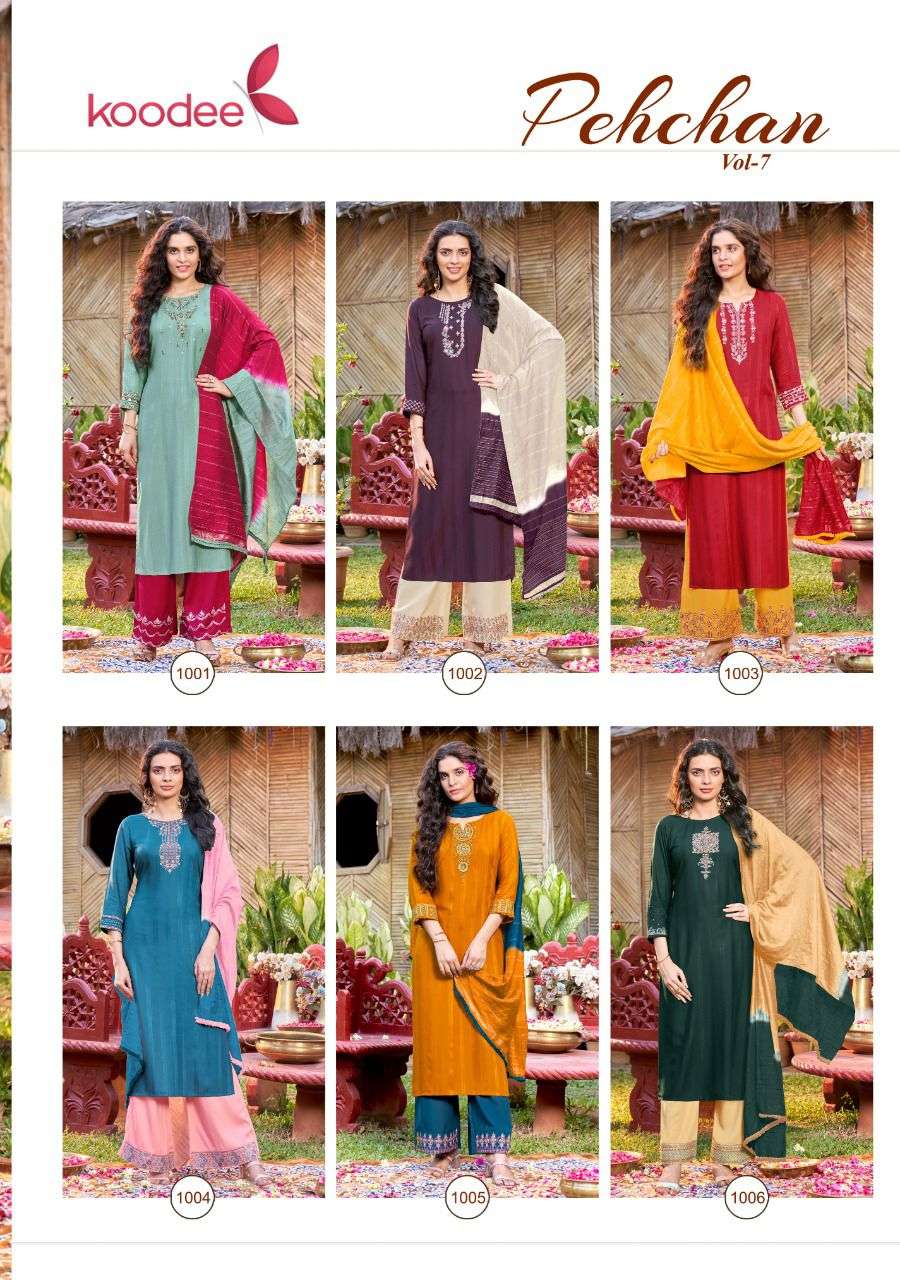 Koodee Pahechan-7 Hit Series Kurtis Plazzo Dupatta Sets On Wholesale 