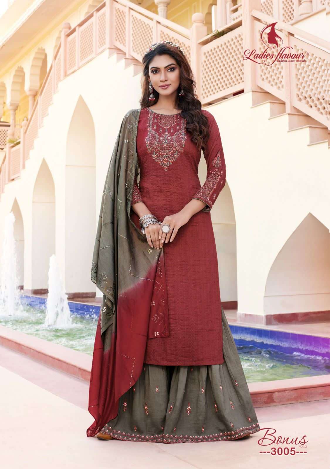 Ladies Flavour Bonus Vol 3 Fancy Top Bottom With Dupatta On Wholesale