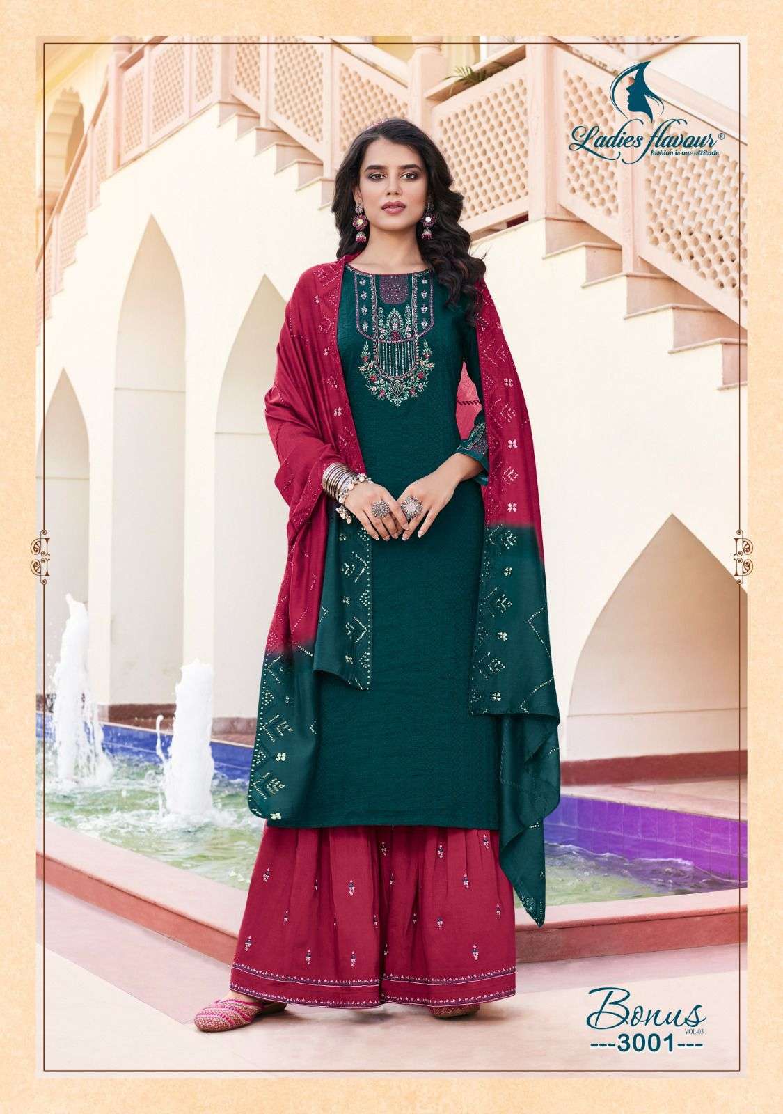 Ladies Flavour Bonus Vol 3 Fancy Top Bottom With Dupatta On Wholesale