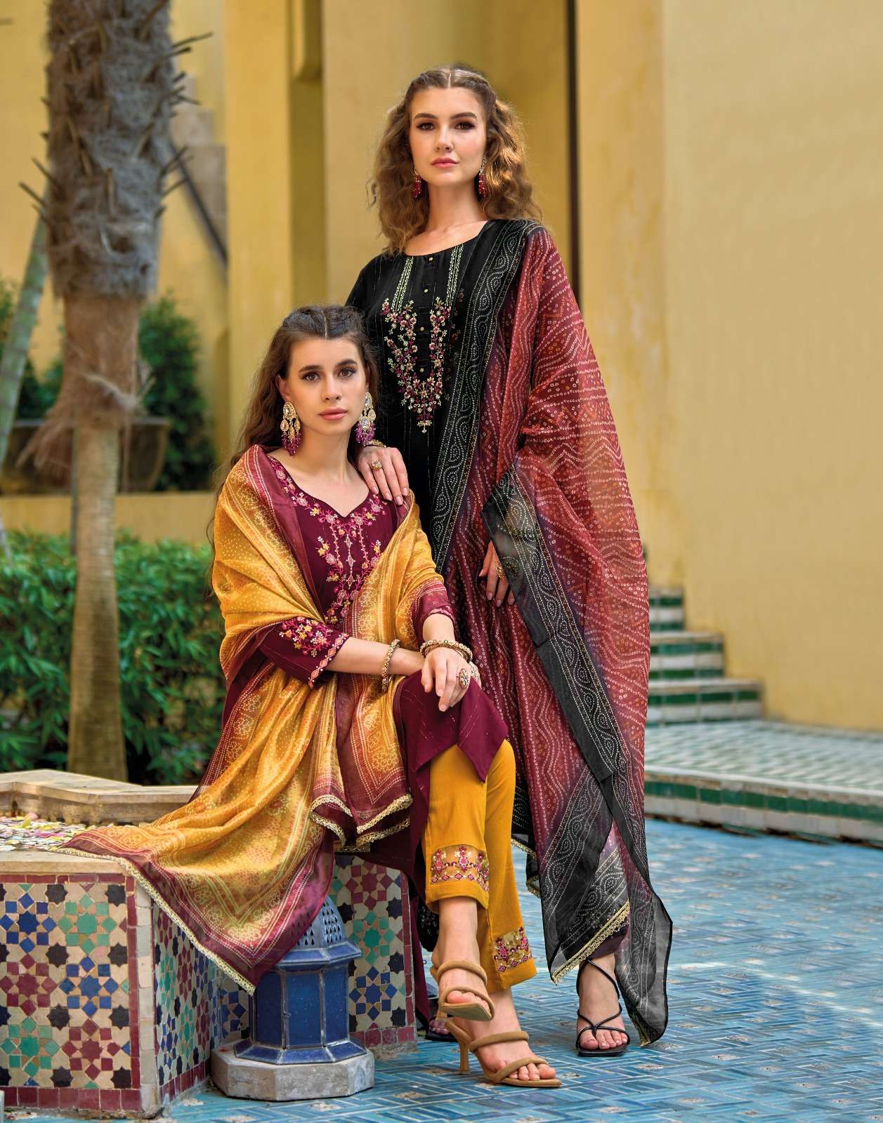Lily & Lali Present Bandhej Fancy Viscose Rayon Pattern Kurti Bottom With Dupatta On Wholesale