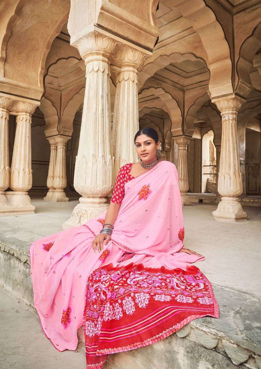 Lt Radha Casual Wear Georgette Saree Denting With Zari Print On Wholesale