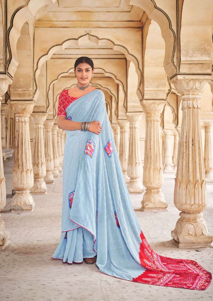Lt Radha Casual Wear Georgette Saree Denting With Zari Print On Wholesale