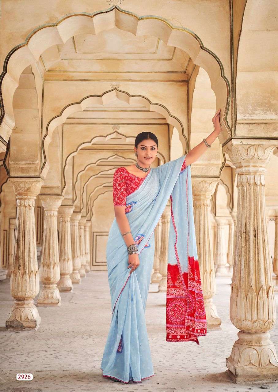 Lt Radha Casual Wear Georgette Saree Denting With Zari Print On Wholesale