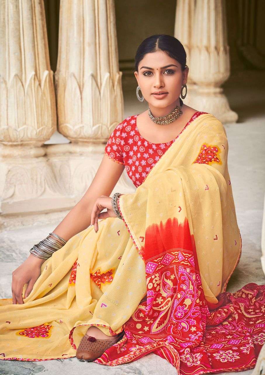 Lt Radha Casual Wear Georgette Saree Denting With Zari Print On Wholesale
